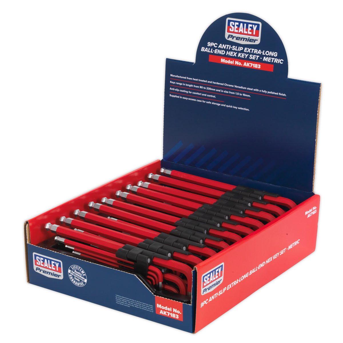 Sealey 9pc Anti-Slip Extra-Long Ball-End Hex Key Set - Display Box of 10 AK7183