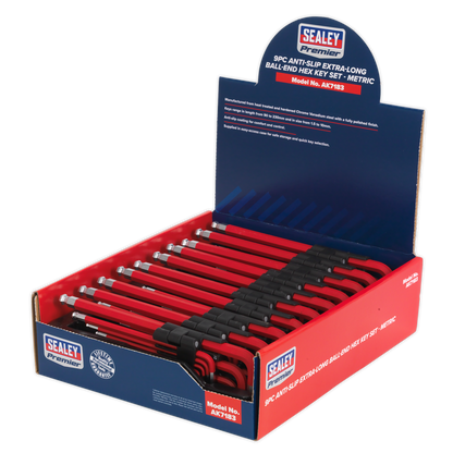 Sealey 9pc Anti-Slip Extra-Long Ball-End Hex Key Set - Display Box of 10 AK7183