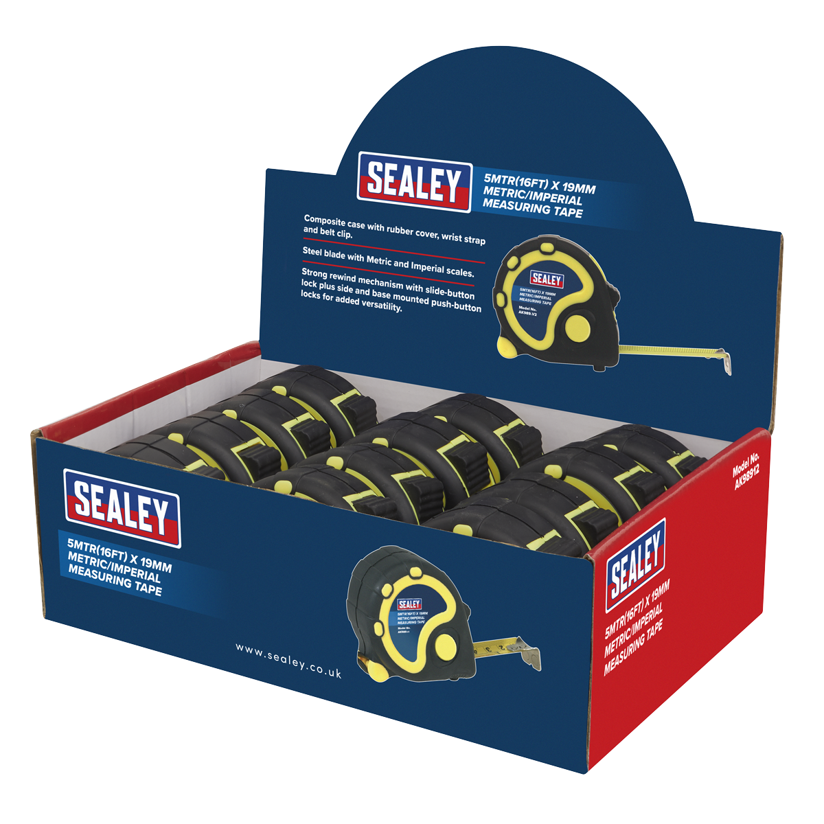 Sealey 5m(16ft) x 19mm Tape Measure - Metric/Imperial - Display Box of 12 AK98912