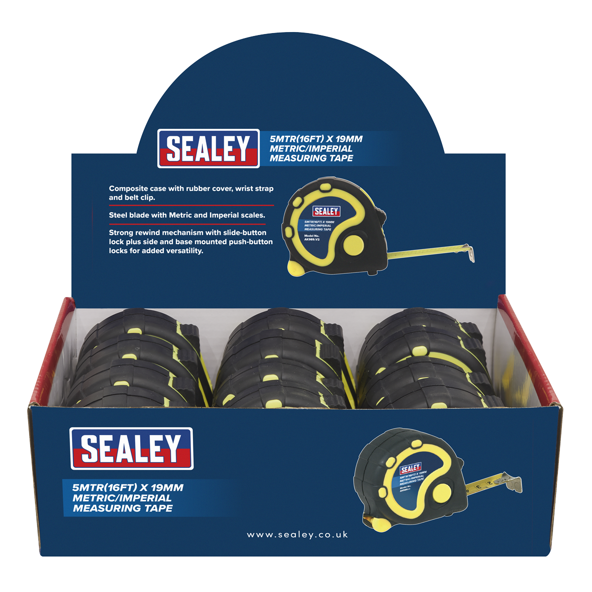Sealey 5m(16ft) x 19mm Tape Measure - Metric/Imperial - Display Box of 12 AK98912