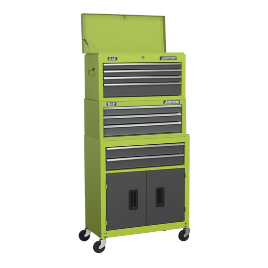 Sealey 9 Drawer Topchest, Mid-Box & Rollcab Stack - Hi-Vis Green AP2200BBHVSTACK