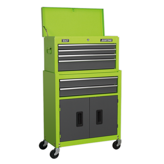 Sealey 6 Drawer Topchest & Rollcab Combination with Ball-Bearing Slides - Hi-Vis Green/Grey AP2200BBHV