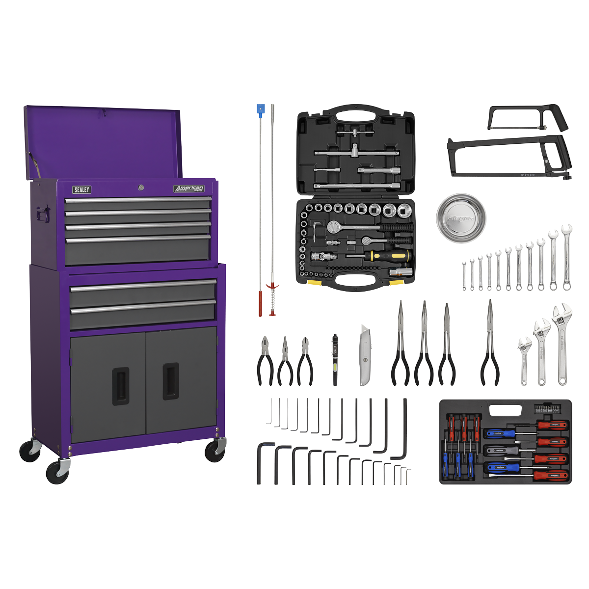 Sealey Topchest & Rollcab Combination 6 Drawer with Ball-Bearing Slides - Purple/Grey & 128pc Tool Kit AP2200COMBOCP