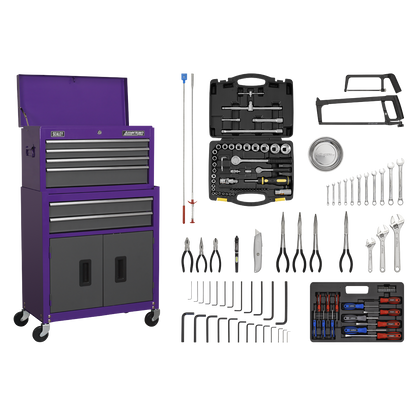 Sealey Topchest & Rollcab Combination 6 Drawer with Ball-Bearing Slides - Purple/Grey & 128pc Tool Kit AP2200COMBOCP