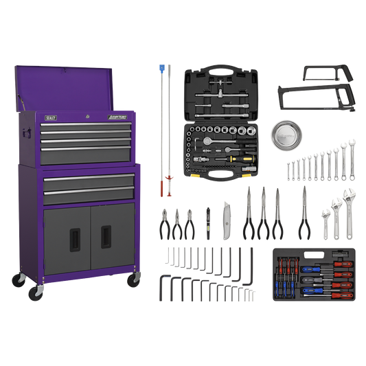 Sealey Topchest & Rollcab Combination 6 Drawer with Ball-Bearing Slides - Purple/Grey & 128pc Tool Kit AP2200COMBOCP