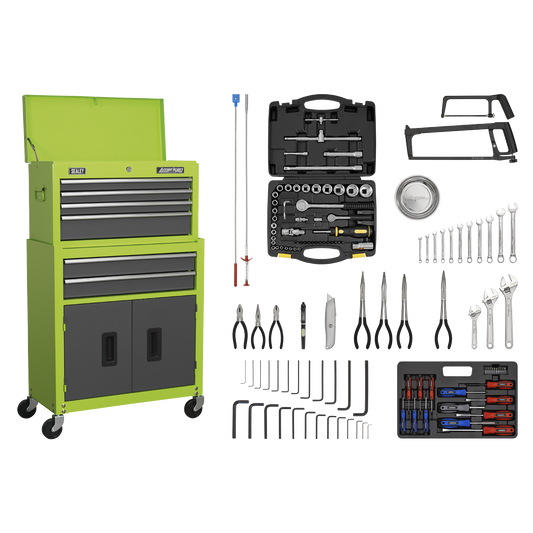 Sealey 6 Drawer Topchest & Rollcab Combination with Ball-Bearing Slides - Hi-Vis Green/Grey & 128pc Tool Kit AP2200COMBOHV