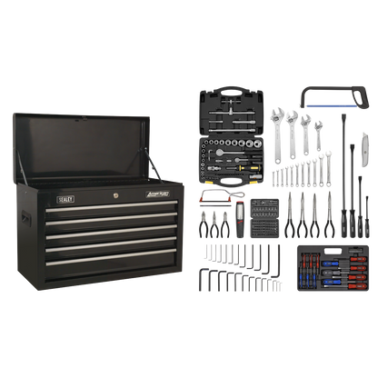 Sealey 5 Drawer Topchest with Ball-Bearing Slides - Black & 230pc Tool Kit AP225BCOMBO
