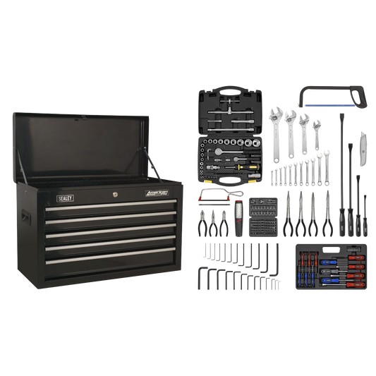 Sealey 5 Drawer Topchest with Ball-Bearing Slides - Black & 230pc Tool Kit AP225BCOMBO