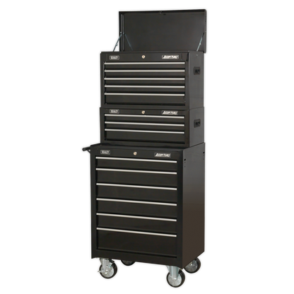 Sealey 14 Drawer Topchest, Mid-Box & Rollcab Stack - Black AP22BSTACK