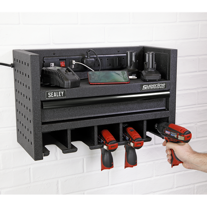 Sealey 560mm Power Tool Storage Rack with Drawer & Power Strip AP22SRBE