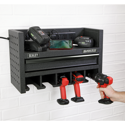 Sealey 560mm Power Tool Storage Rack with Drawer & Power Strip AP22SRBE