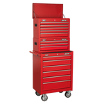 Sealey 14 Drawer Topchest, Mid-Box & Rollcab Combination with Ball-Bearing Slides - Red AP22STACK