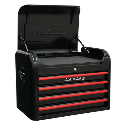 Sealey 4 Drawer Retro Style Topchest - Black with Red Anodised Drawer Pulls AP28104BR