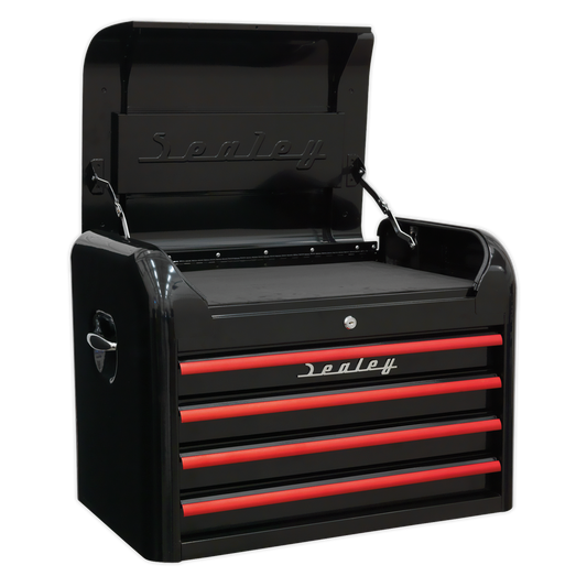 Sealey 4 Drawer Retro Style Topchest - Black with Red Anodised Drawer Pulls AP28104BR
