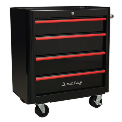 Sealey 4 Drawer Retro Style Rollcab - Black with Red Anodised Drawer Pulls AP28204BR