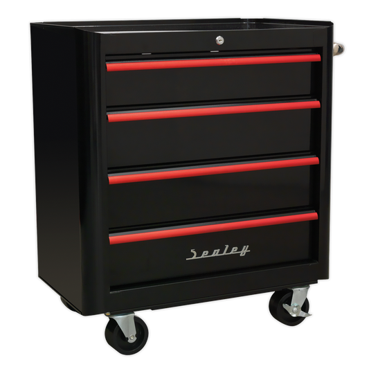 Sealey 4 Drawer Retro Style Rollcab - Black with Red Anodised Drawer Pulls AP28204BR
