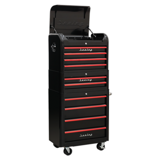 Sealey 10 Drawer Retro Style Topchest, Mid-Box & Rollcab Combination - Black with Red Anodised Drawer Pulls AP28COMBO2BR