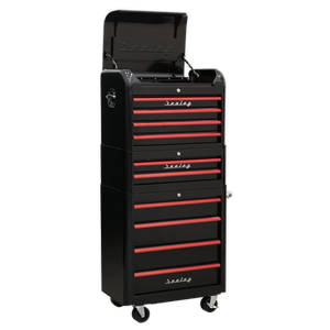 Sealey 10 Drawer Retro Style Topchest, Mid-Box & Rollcab Combination - Black with Red Anodised Drawer Pulls AP28COMBO2BR
