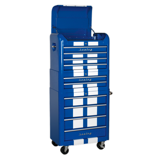 Sealey 10 Drawer Retro Style Topchest, Mid-Box & Rollcab Combination Blue/White Stripes AP28COMBO2BWS
