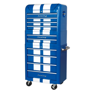 Sealey 10 Drawer Retro Style Topchest, Mid-Box & Rollcab Combination Blue/White Stripes AP28COMBO2BWS