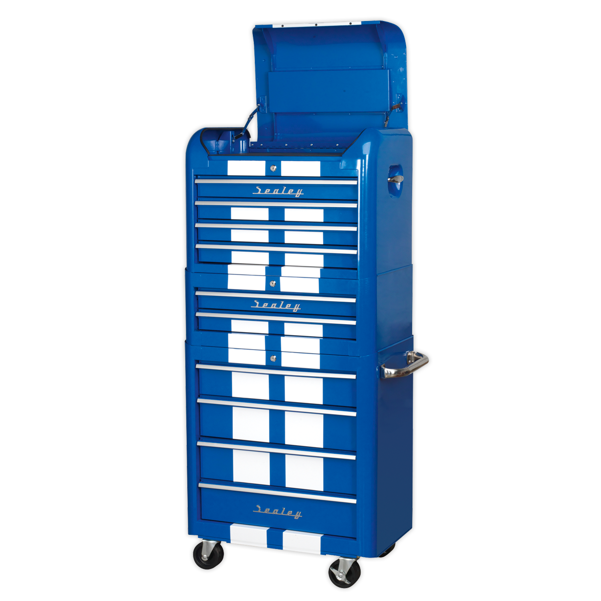 Sealey 10 Drawer Retro Style Topchest, Mid-Box & Rollcab Combination Blue/White Stripes AP28COMBO2BWS
