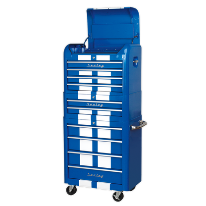 Sealey 10 Drawer Retro Style Topchest, Mid-Box & Rollcab Combination Blue/White Stripes AP28COMBO2BWS