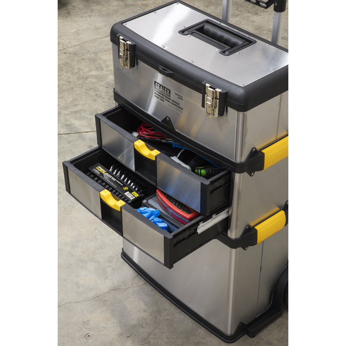 Sealey 3 Compartment Mobile Stainless Steel/Composite Toolbox AP855