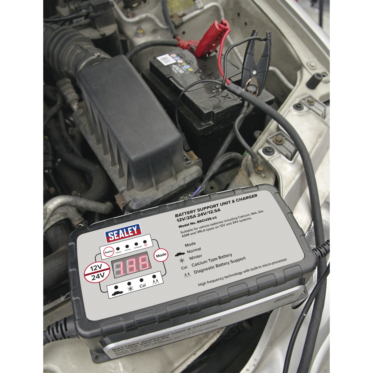 Sealey 25A 12V/24V Battery Support Unit & Charger BSCU25