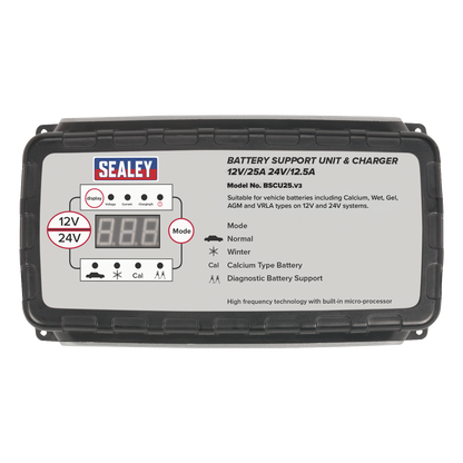 Sealey 25A 12V/24V Battery Support Unit & Charger BSCU25