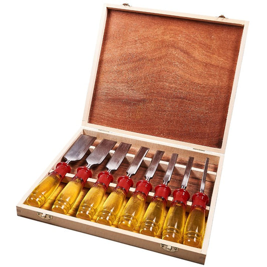 Amtech 8 Piece split proof chisel set in wooden box E0610