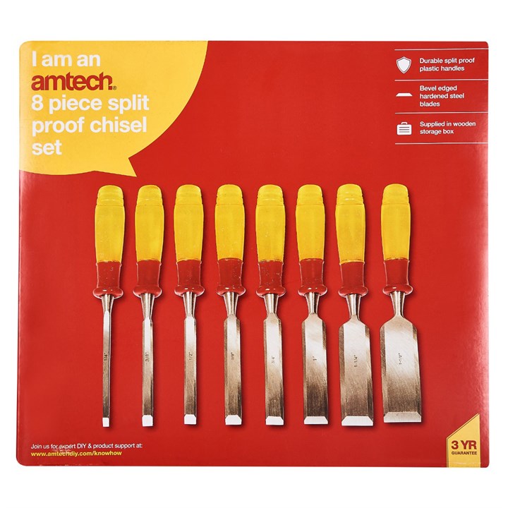 Amtech 8 Piece split proof chisel set in wooden box E0610