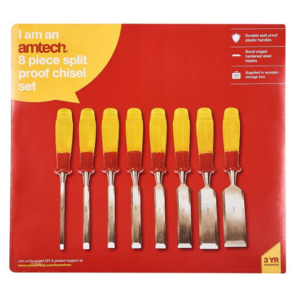 Amtech 8 Piece split proof chisel set in wooden box E0610