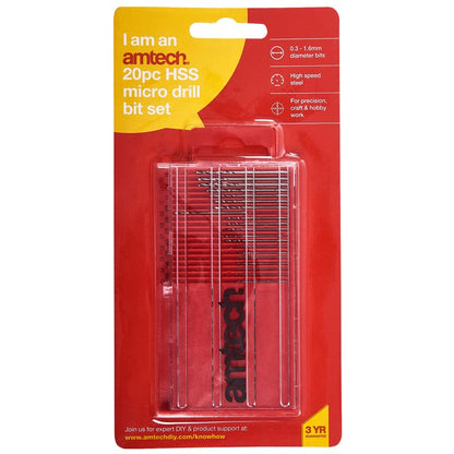Amtech 20 Piece high speed steel (HSS) micro drill bits (0.3mm - 1.6mm) F0930