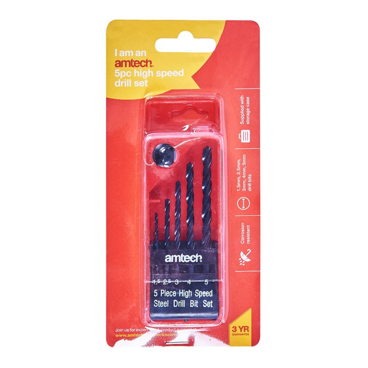 Amtech 5 Piece high speed steel (HSS) drill set F0950