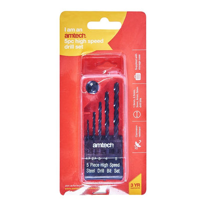 Amtech 5 Piece high speed steel (HSS) drill set F0950