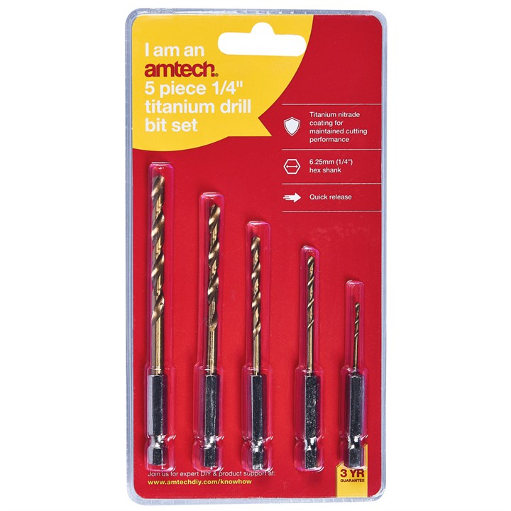 Amtech 5 Piece  6.25mm (1/4") Titanium coated high speed steel (HSS) drill bit set F1110