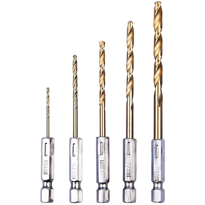 Amtech 5 Piece  6.25mm (1/4") Titanium coated high speed steel (HSS) drill bit set F1110