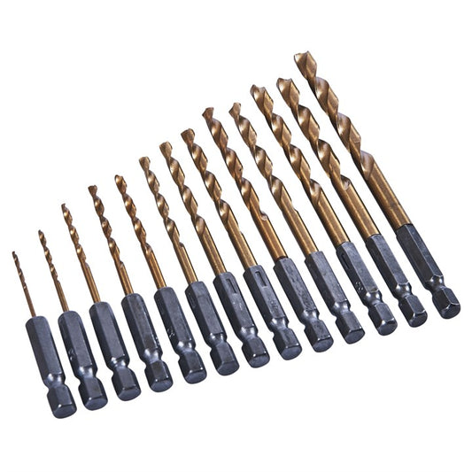 Amtech 13 Piece 6.25mm (1/4") Titanium coated high speed steel (HSS) drill bit set F1120