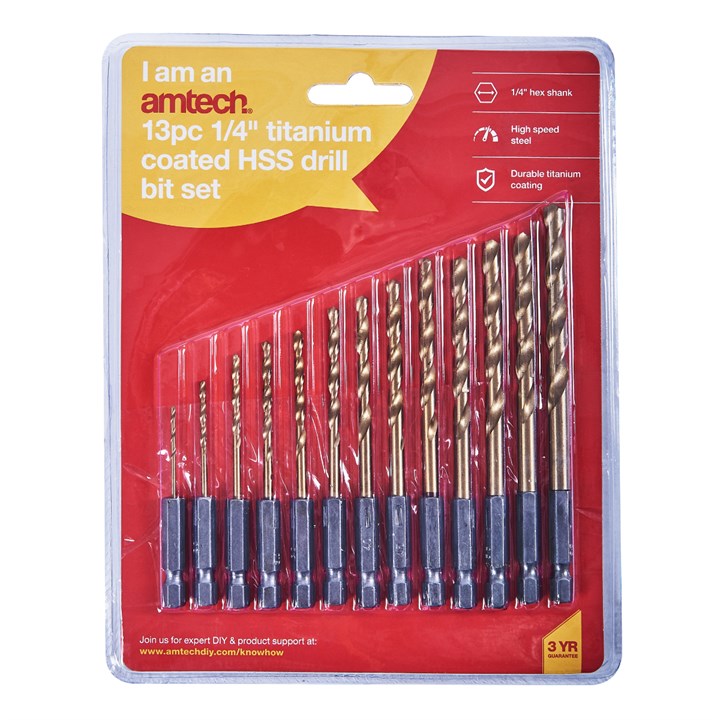 Amtech 13 Piece 6.25mm (1/4") Titanium coated high speed steel (HSS) drill bit set F1120