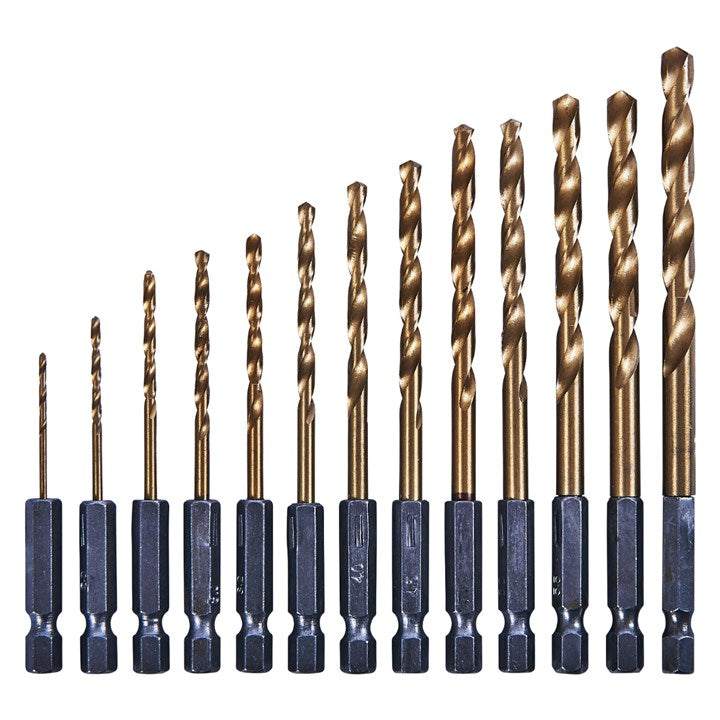 Amtech 13 Piece 6.25mm (1/4") Titanium coated high speed steel (HSS) drill bit set F1120