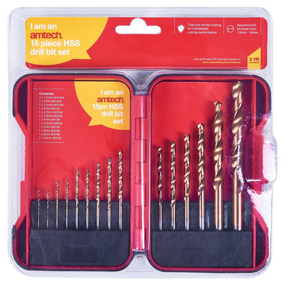 Amtech 15 Piece titanium coated high speed steel (HSS) drill bit set F1132