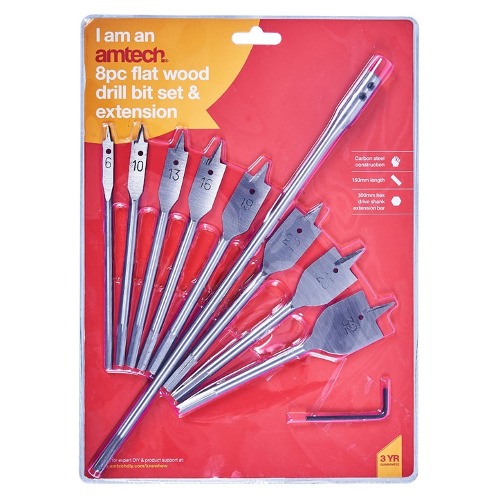 Amtech 8 Piece flat wood bit set with 30mm (12") extension F1435