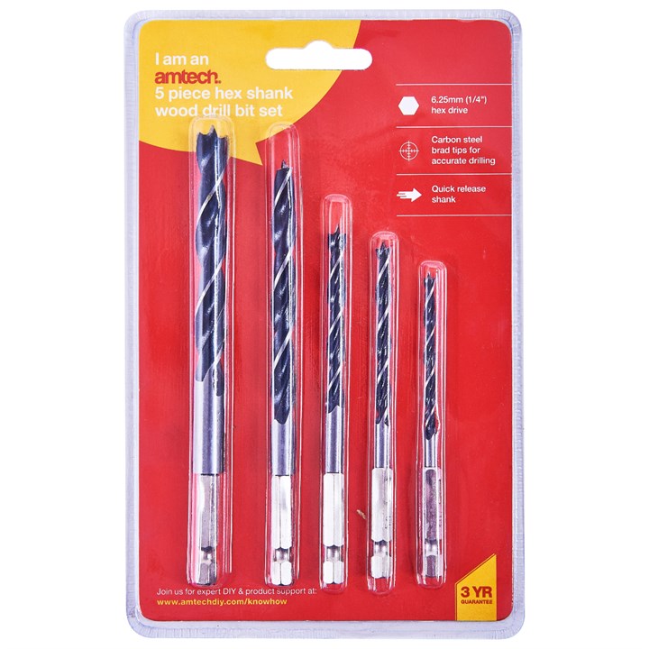 Amtech 5 Piece hex shank wood drill bit set F1735