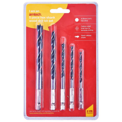 Amtech 5 Piece hex shank wood drill bit set F1735