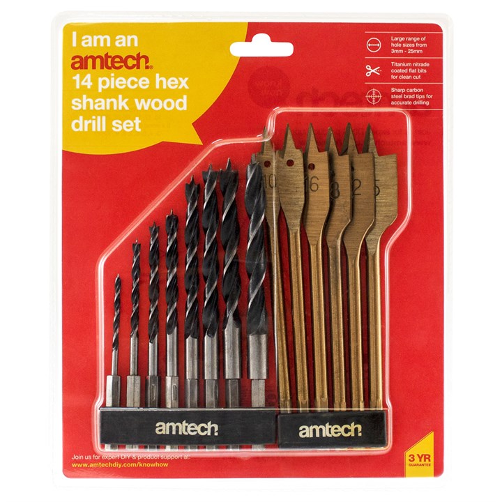 Amtech 14 Piece hex shank wood drill set F1740