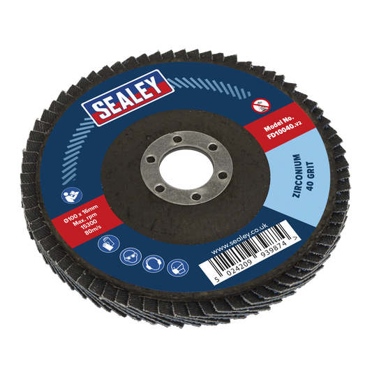 Sealey Ø100mm Zirconium Flap Disc Ø16mm Bore 40Grit FD10040