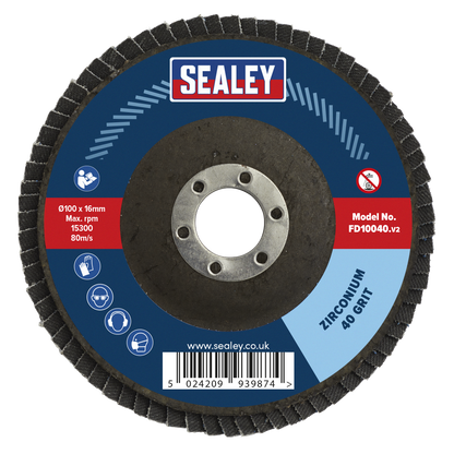 Sealey Ø100mm Zirconium Flap Disc Ø16mm Bore 40Grit FD10040