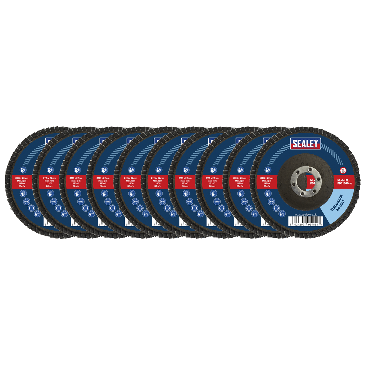 Sealey Ø115mm Zirconium Flap Discs Ø22mm Bore - Assorted Grit - Pack of 10 FD115MIX