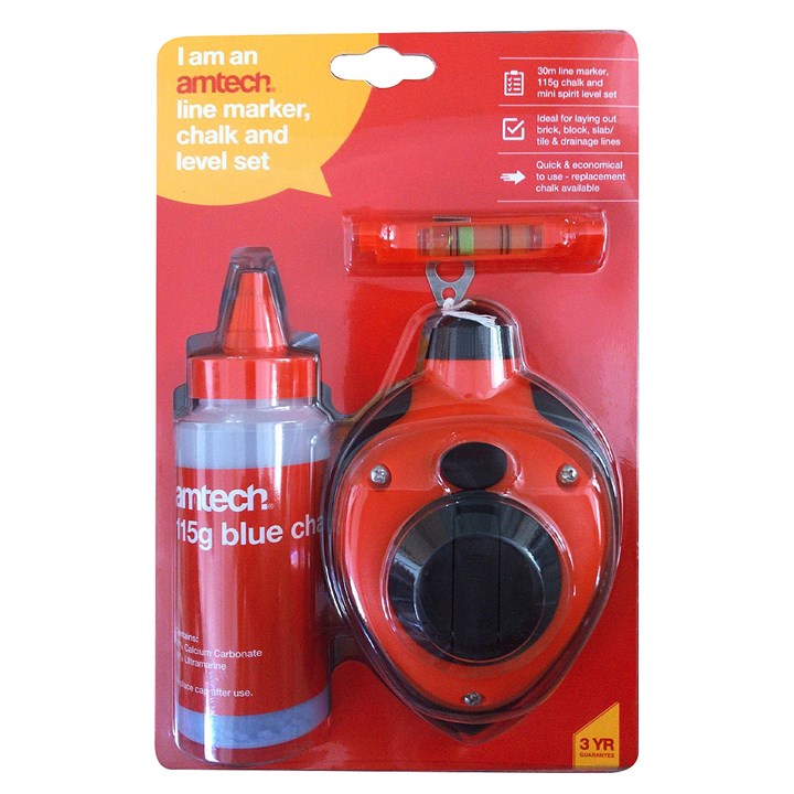 Amtech 30m (100ft) Line marker, chalk and mini spirit level set G3760