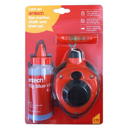 Amtech 30m (100ft) Line marker, chalk and mini spirit level set G3760